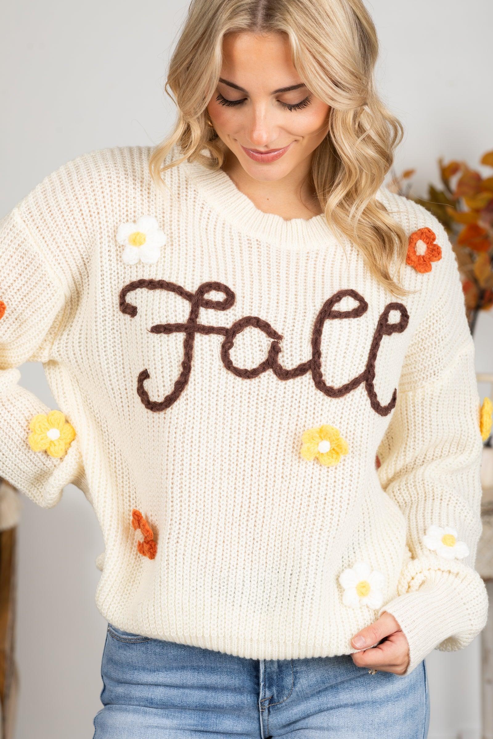 Cream Fall Yarn Stitching Flower Sweater Product Image