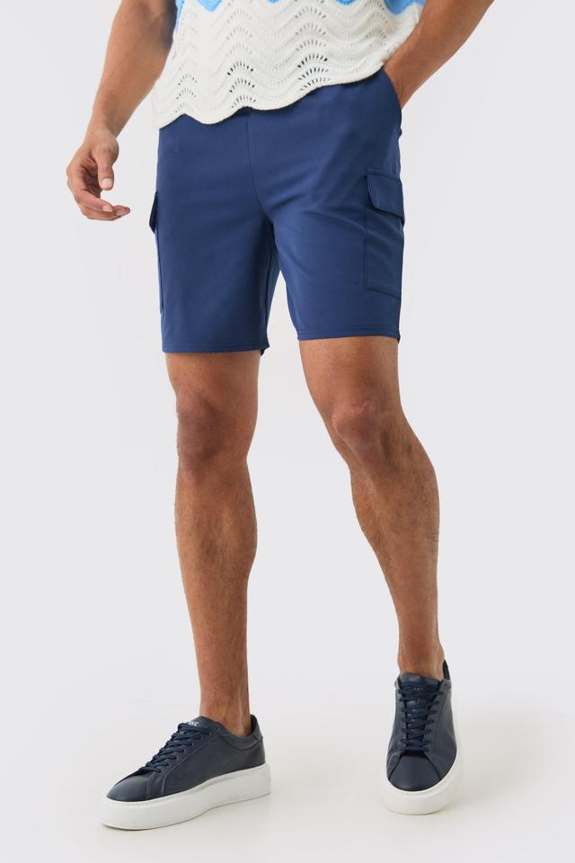 Mens Navy Elasticated Waist Skinny Fit Cargo Shorts, Navy Product Image