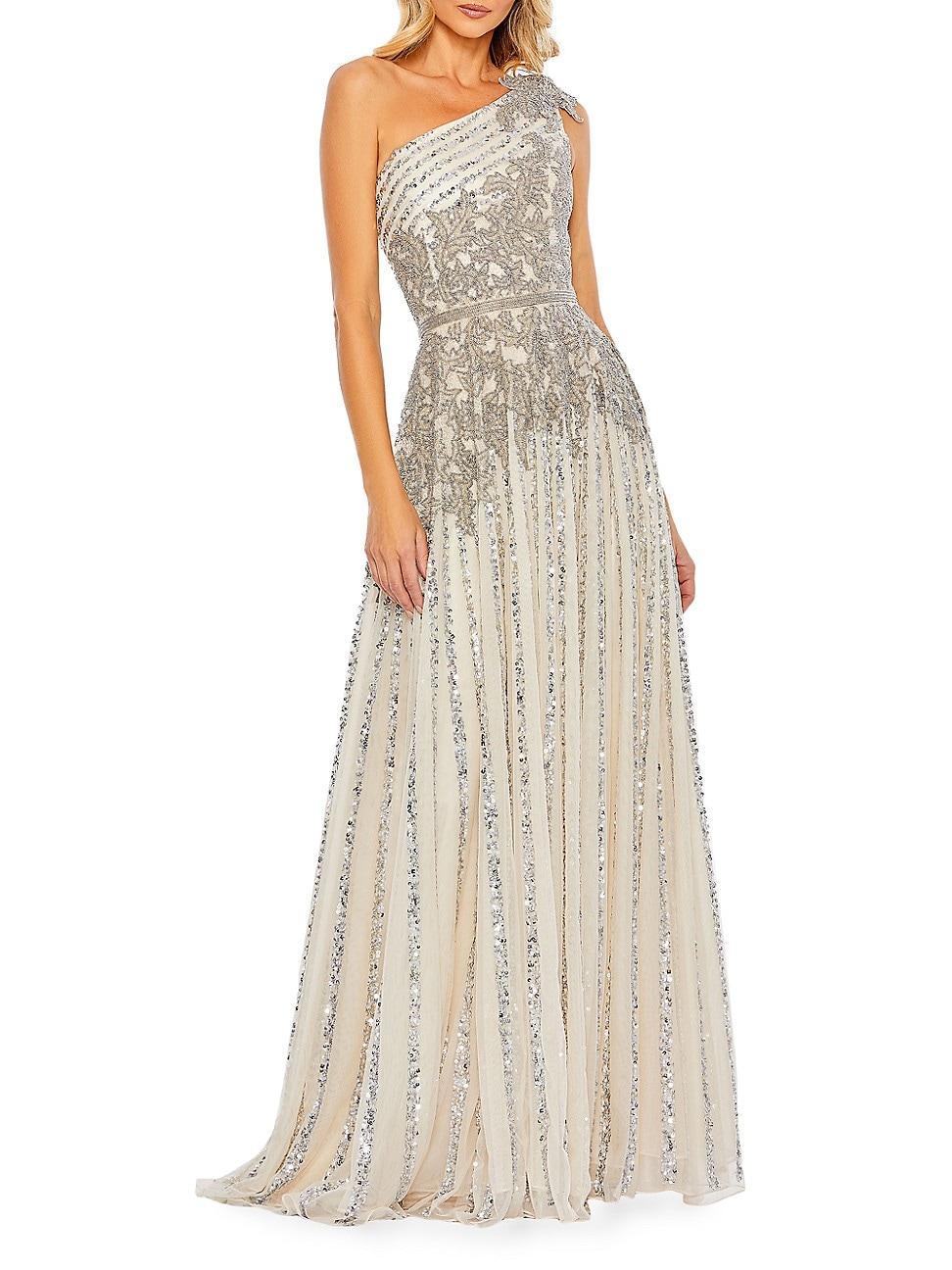 Womens Beaded One-Shoulder A-Line Gown Product Image