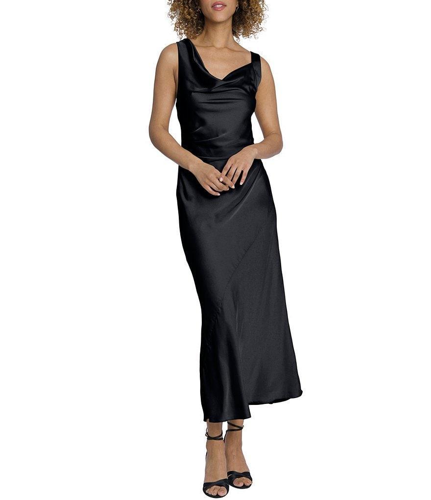 Maggy London Asymmetrical Draped Neck Satin Charmeuse Gown Product Image