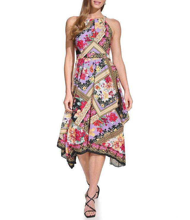 Vince Camuto Crepe de Chine Floral Scarf Print Halter Neck Sleeveless Handkerchief Hem A-Line Midi Dress Product Image