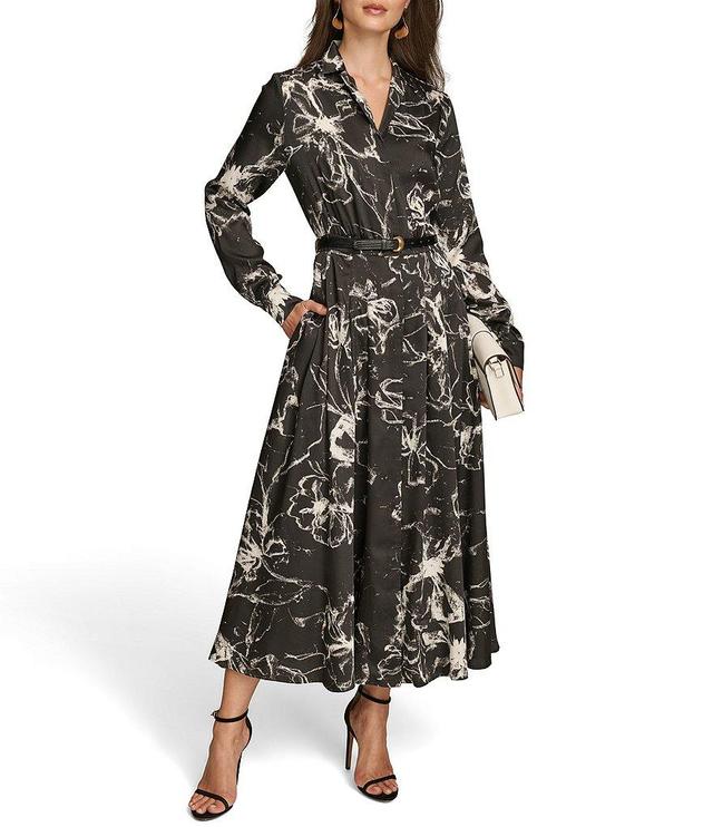 Donna Karan Woven Print Collared Long Sleeve Belted Midi Shirt Dress Product Image