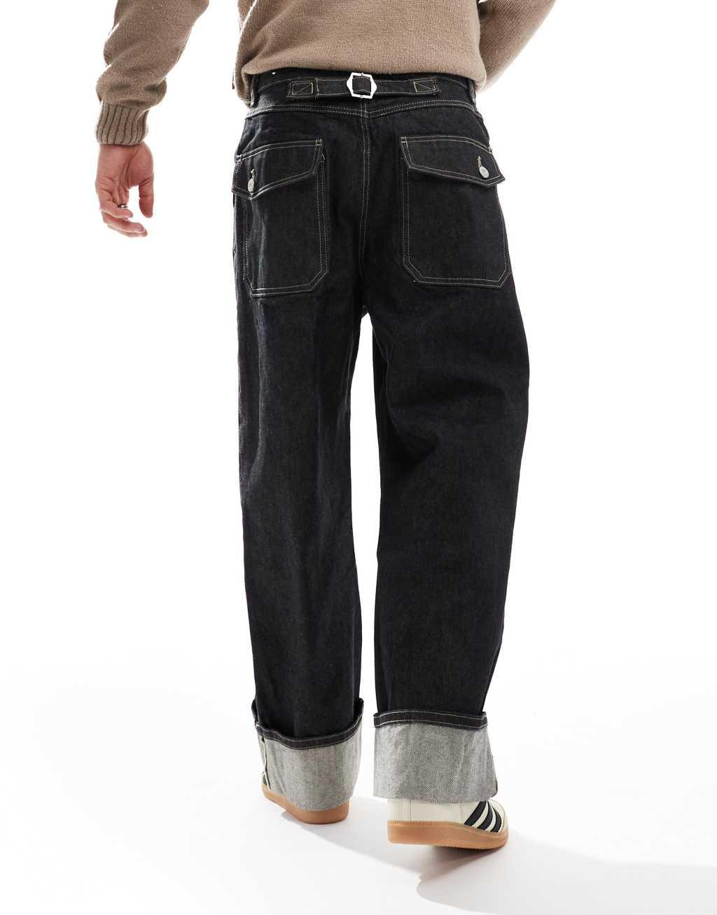 Bershka baggy jeans with fold over hem in dark blue -set Product Image