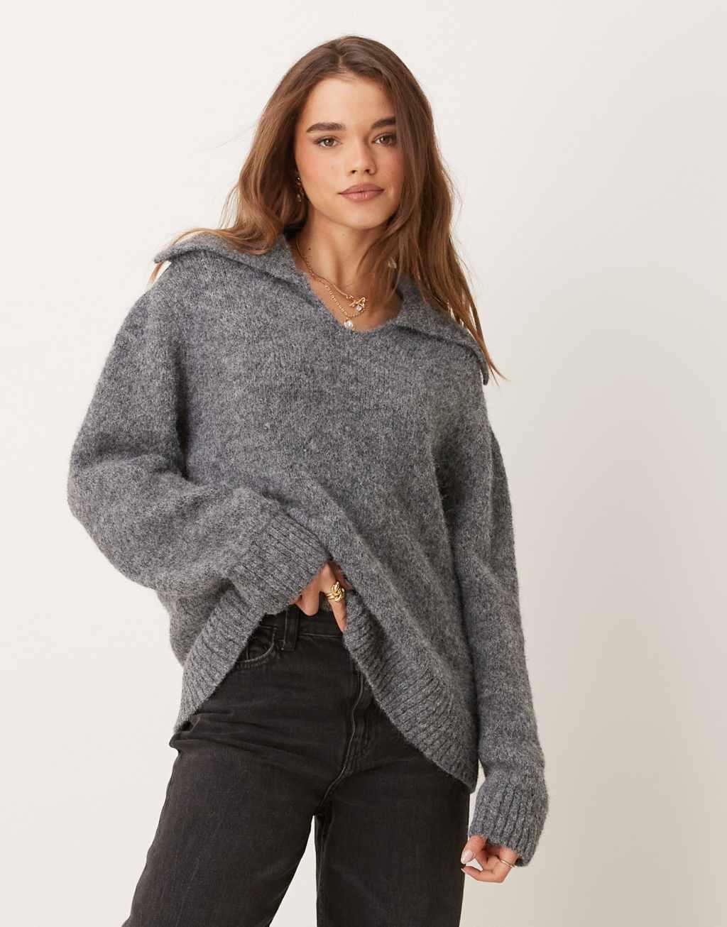 ASOS DESIGN wool blend knitted v neck sweater in gray heather Product Image