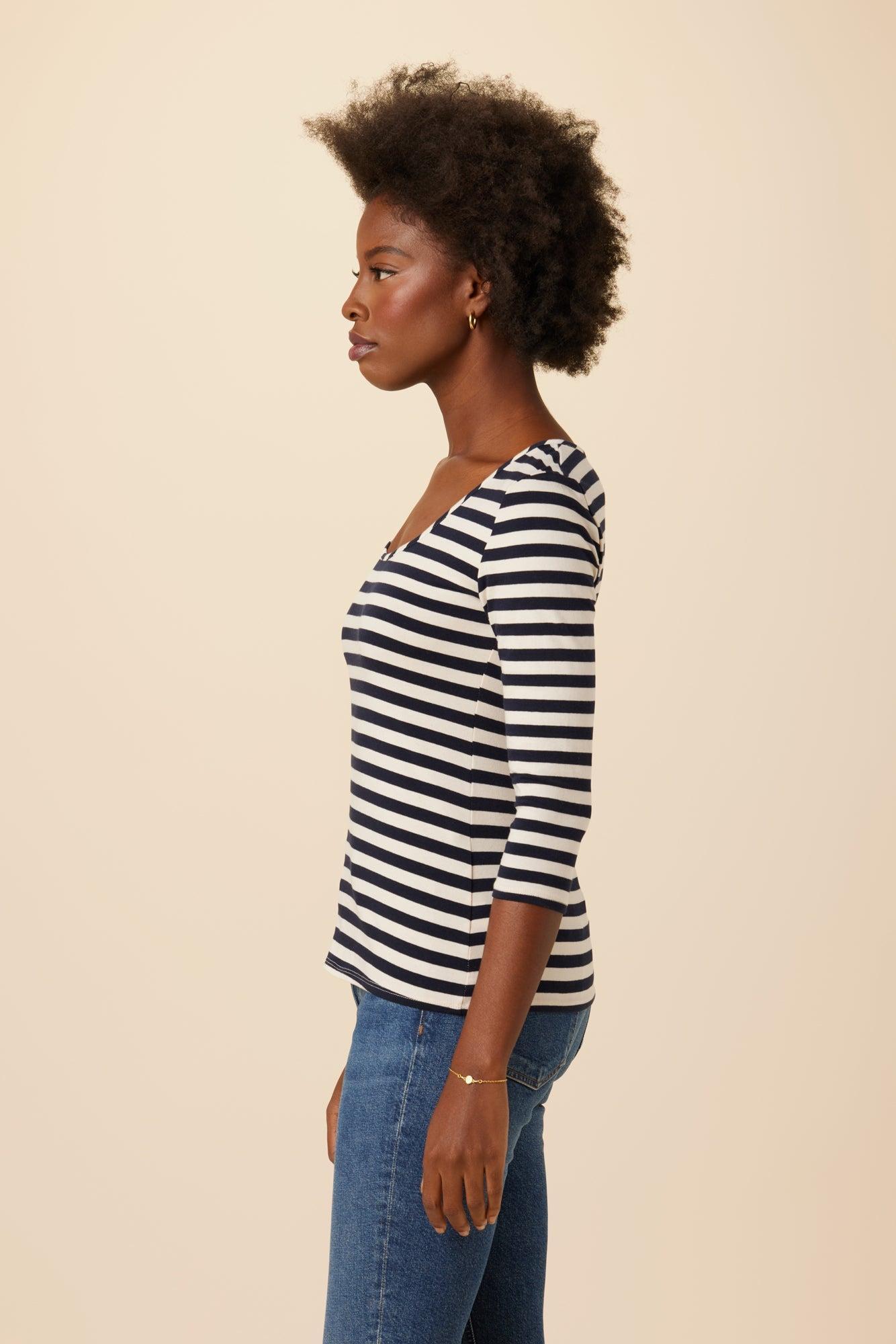 Cara 3/4 Sleeve Reverie Knit Tee - Navy and Ivory Stripe - ReAmour Product Image