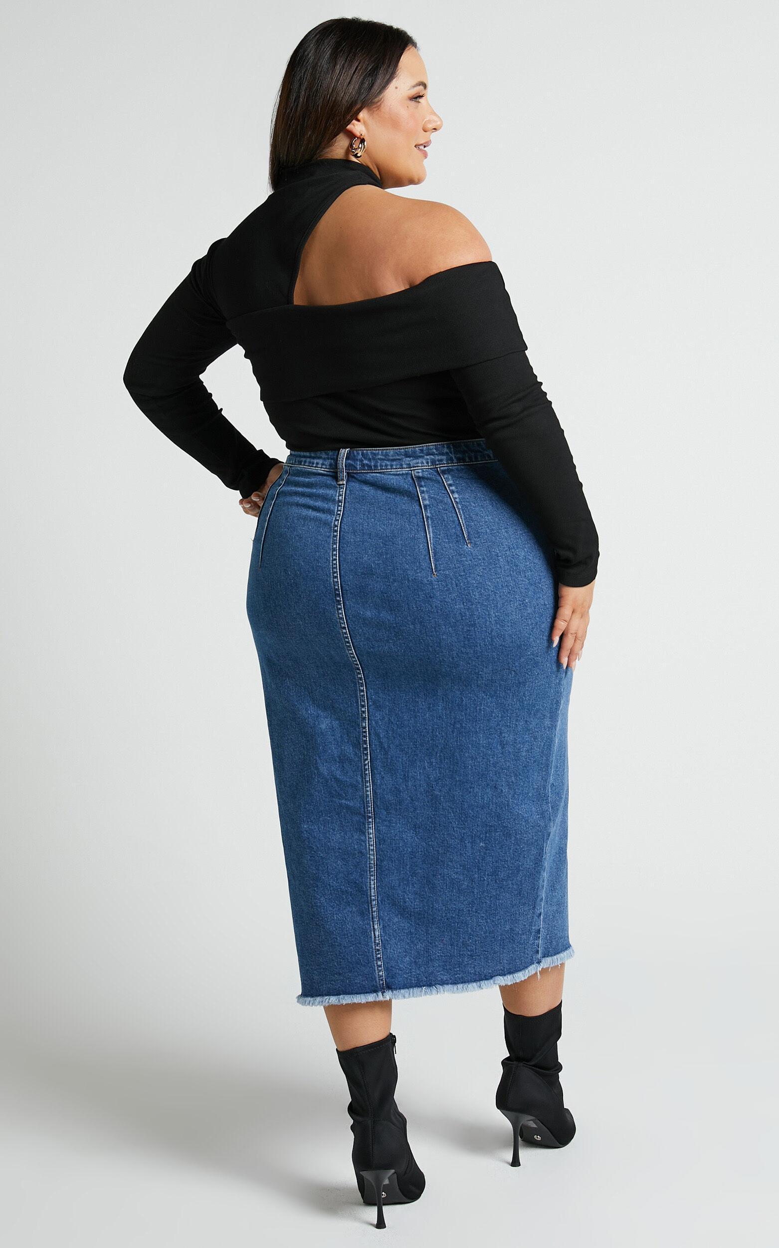 Janeve Midi Skirt - Front Split Denim Skirt in Dark Blue Product Image