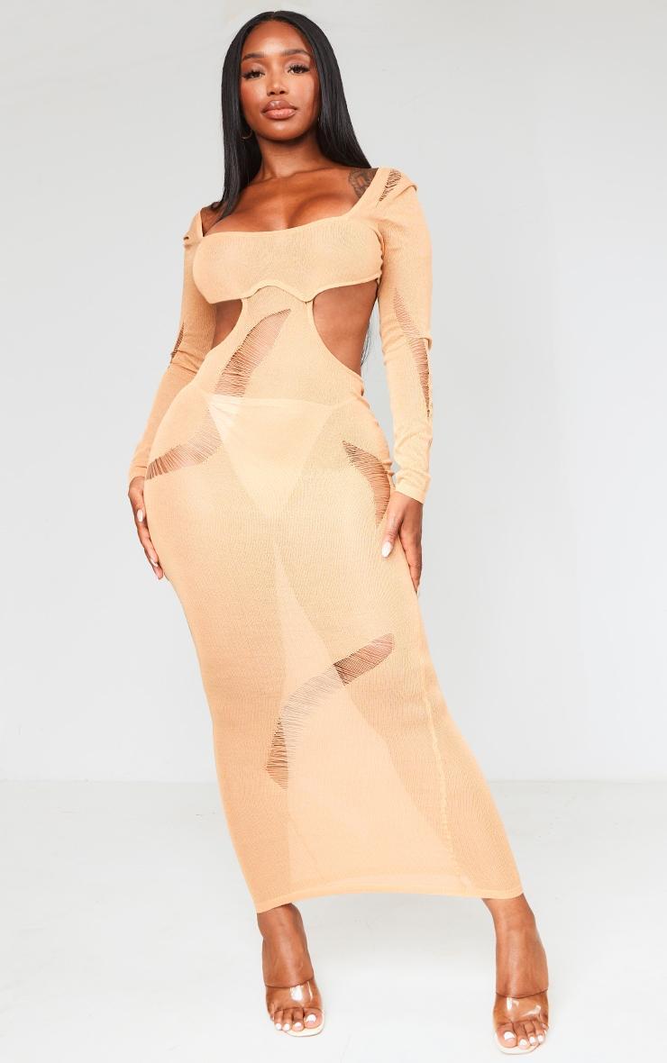 Shape Orange Sheer Knit Cut Out Detail Maxi Dress Product Image