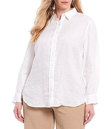 Lauren Ralph Lauren Plus Size Point Collar Long Roll-Tab Sleeve Button Front Linen Shirt Product Image