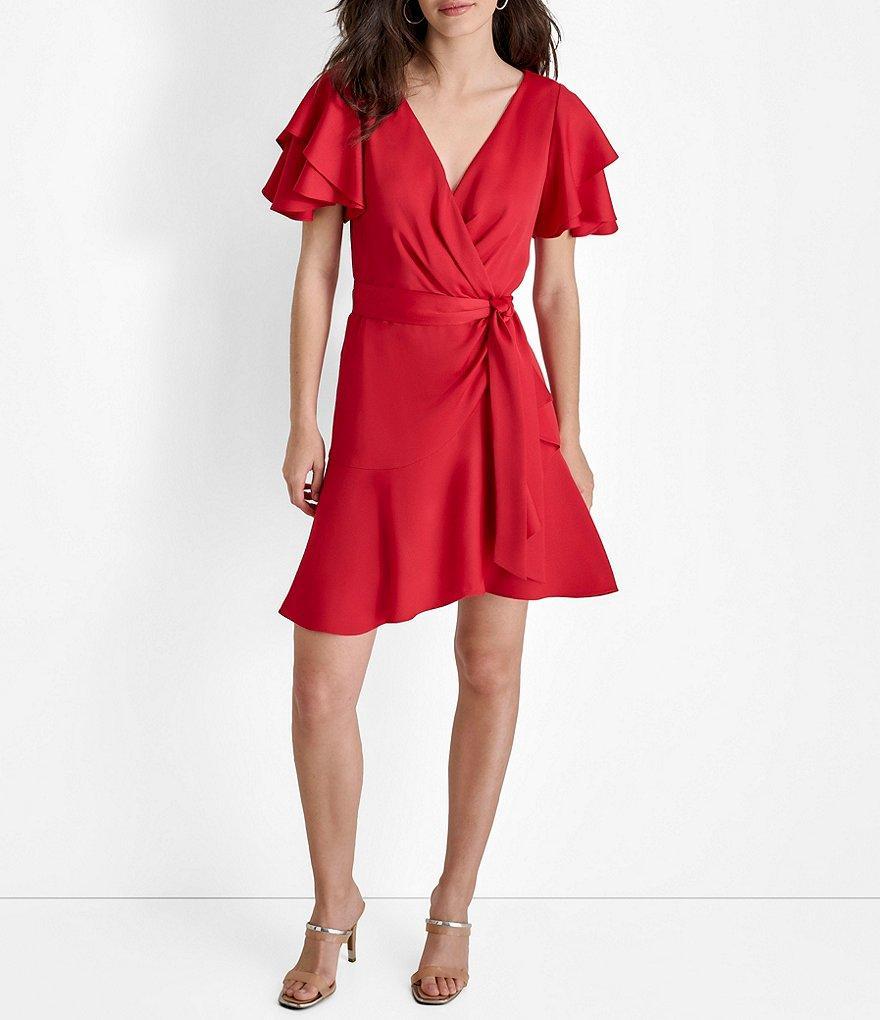 DKNY by Donna Karan Petite Size Surplice V-Neck Flutter Sleeve Asymmetrical Ruffle Hemline Faux Wrap Dress Product Image