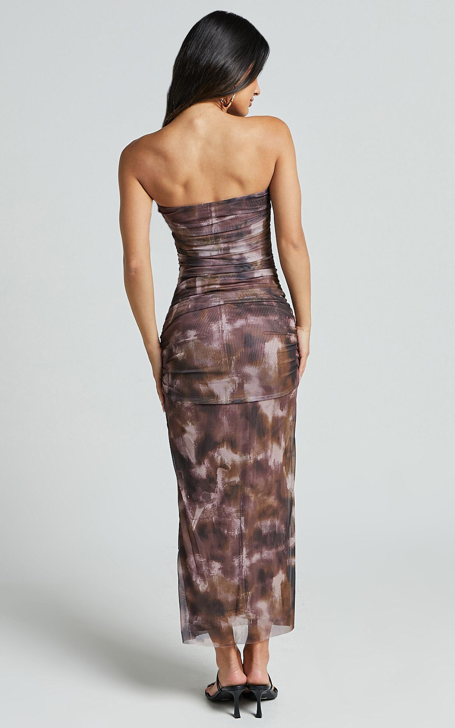 Yazmin Midi Dress - Strapless Ruched Mesh Slip Dress in Rustic Haze Print Product Image