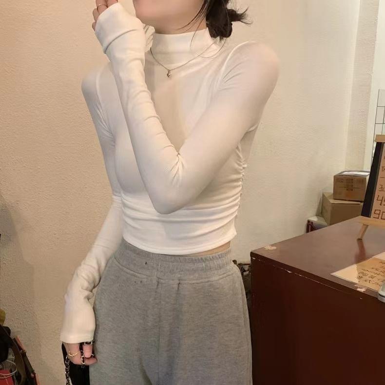 Long Sleeve Mock Neck Plain Crop Top Product Image