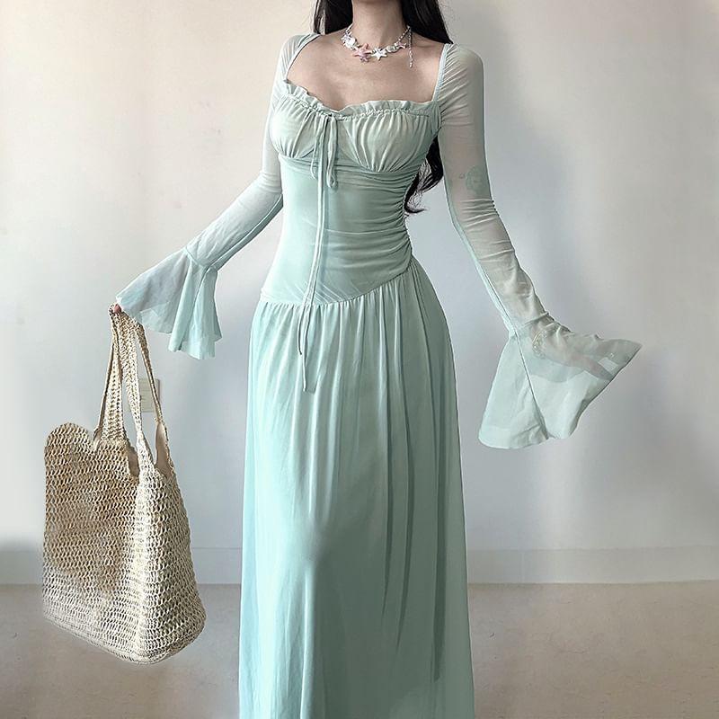 Long-Sleeve Queen Anne Neckline Plain Maxi A-Line Dress Product Image