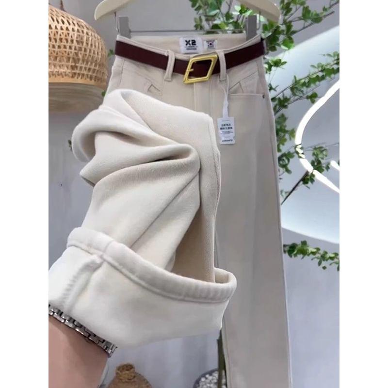 High Rise Plain Fleece Lined Straight Leg Pants Product Image