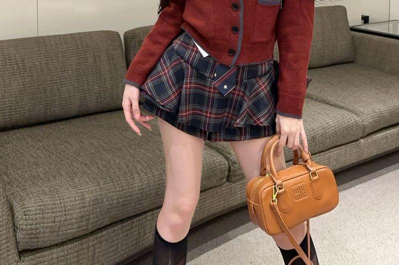 V-Neck Applique Contrast Trim Cardigan / Necktie / Long Sleeve Collared Plain Shirt / High Waist Plaid Mini A-Line Skort / Set Product Image