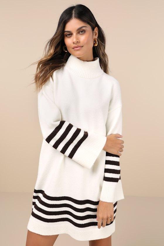 Comfiest Cutie Ivory Striped Mock Neck Mini Sweater Dress Product Image