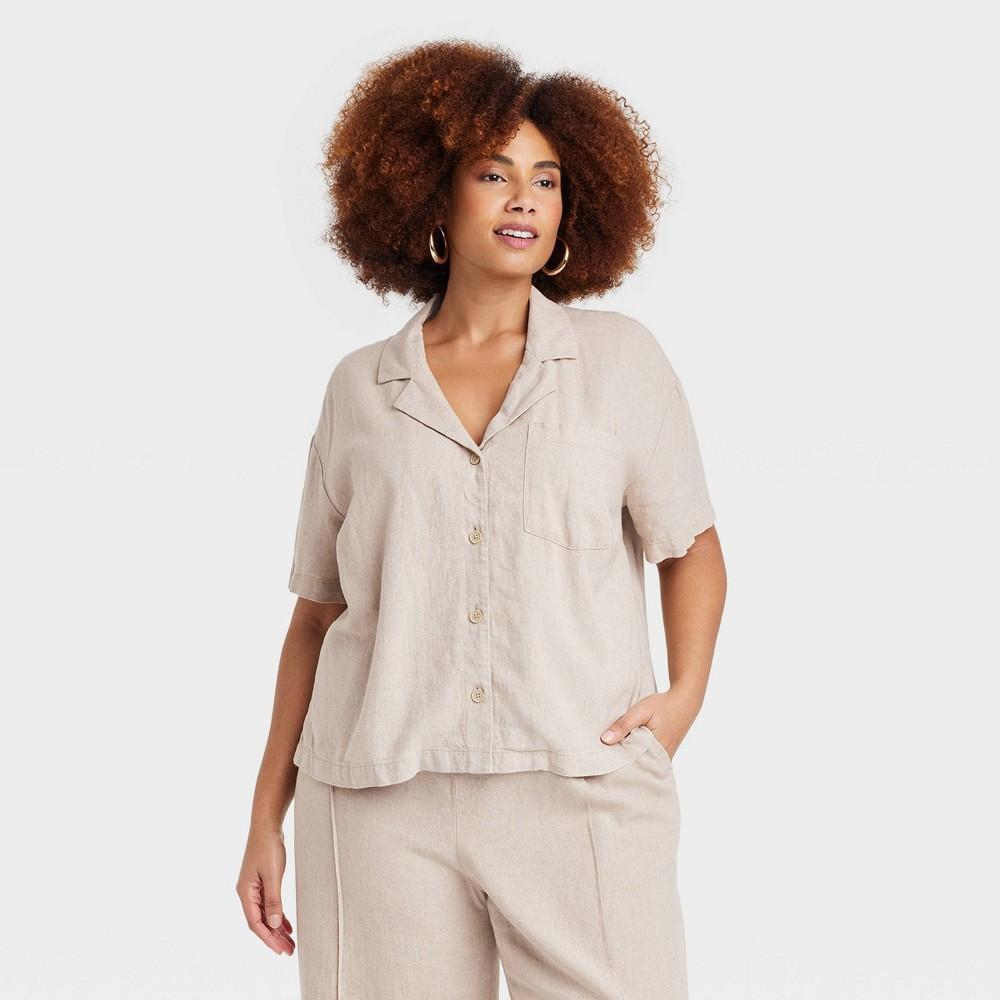 Womens Linen Short Sleeve Button-Down Camp Shirt - A New Day Tan XXL Product Image