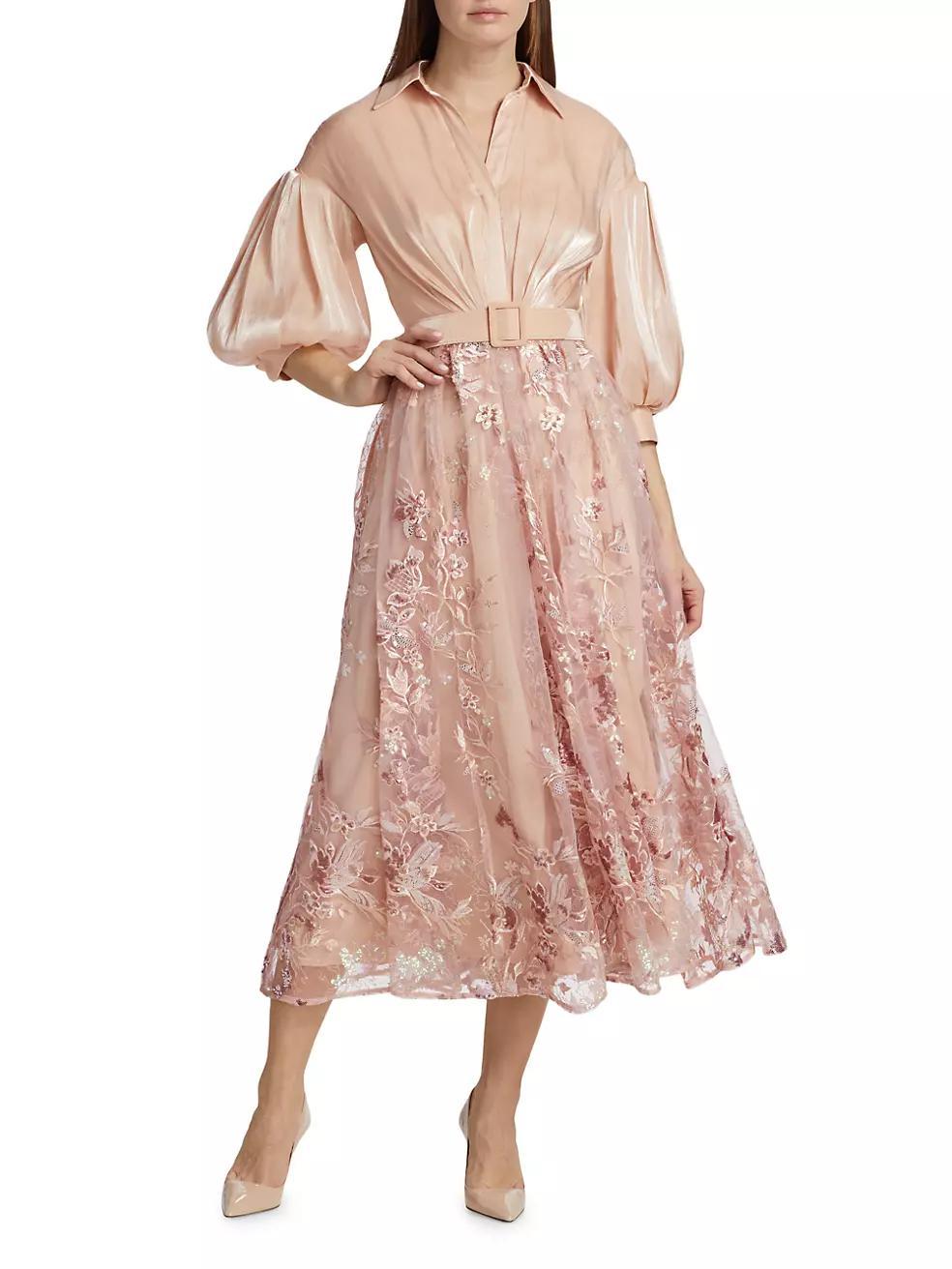 Belted Embellished Satin & Tulle Cocktail Midi-Dress Product Image