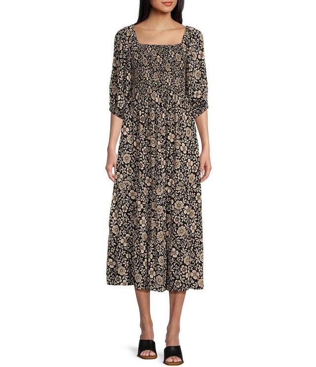 Angie Ditsy Floral Print 3/4 Sleeve Smocked Midi Dress Product Image