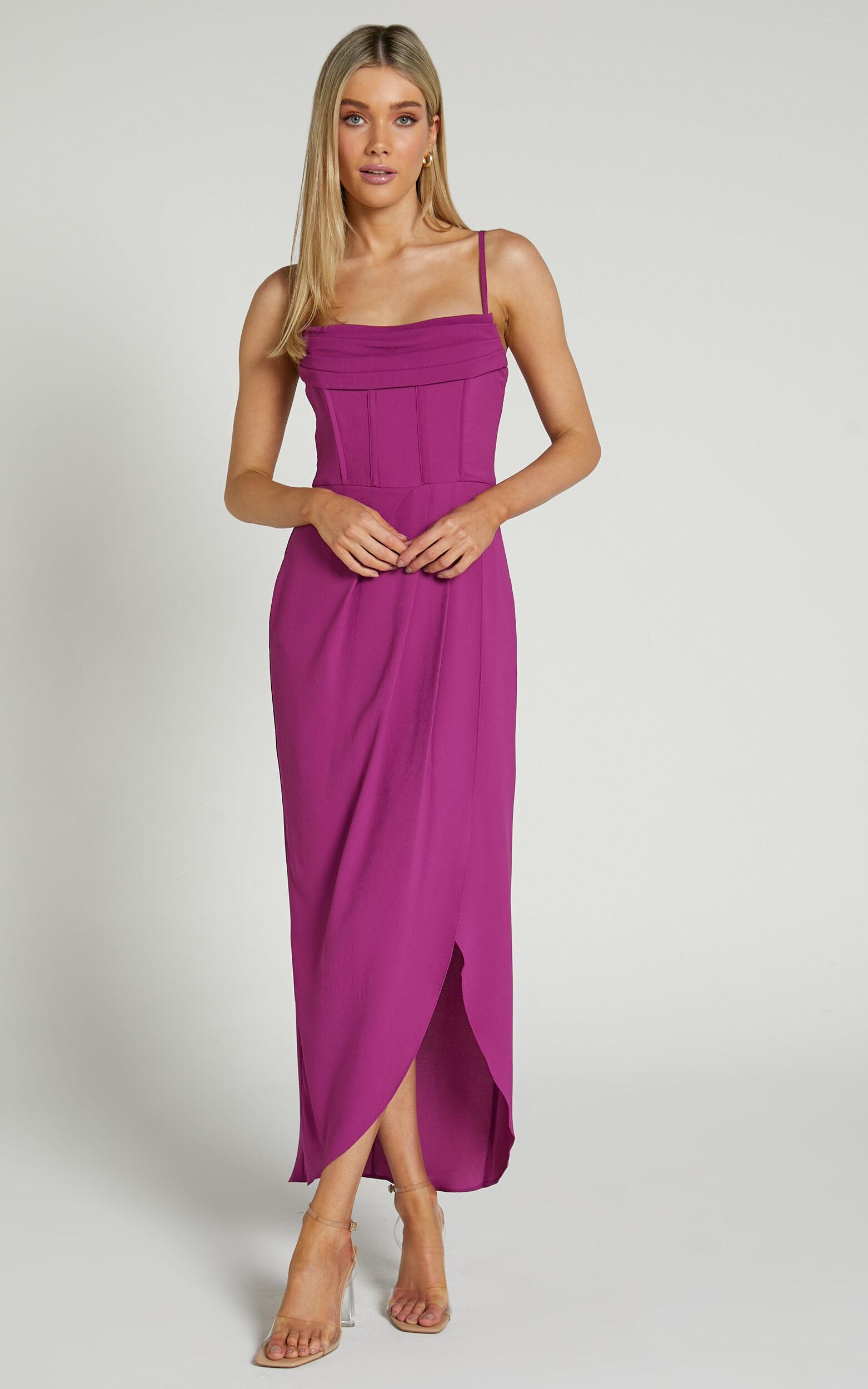 Andrina Midi Dress - High Low Wrap Corset Dress in GRAPE Product Image