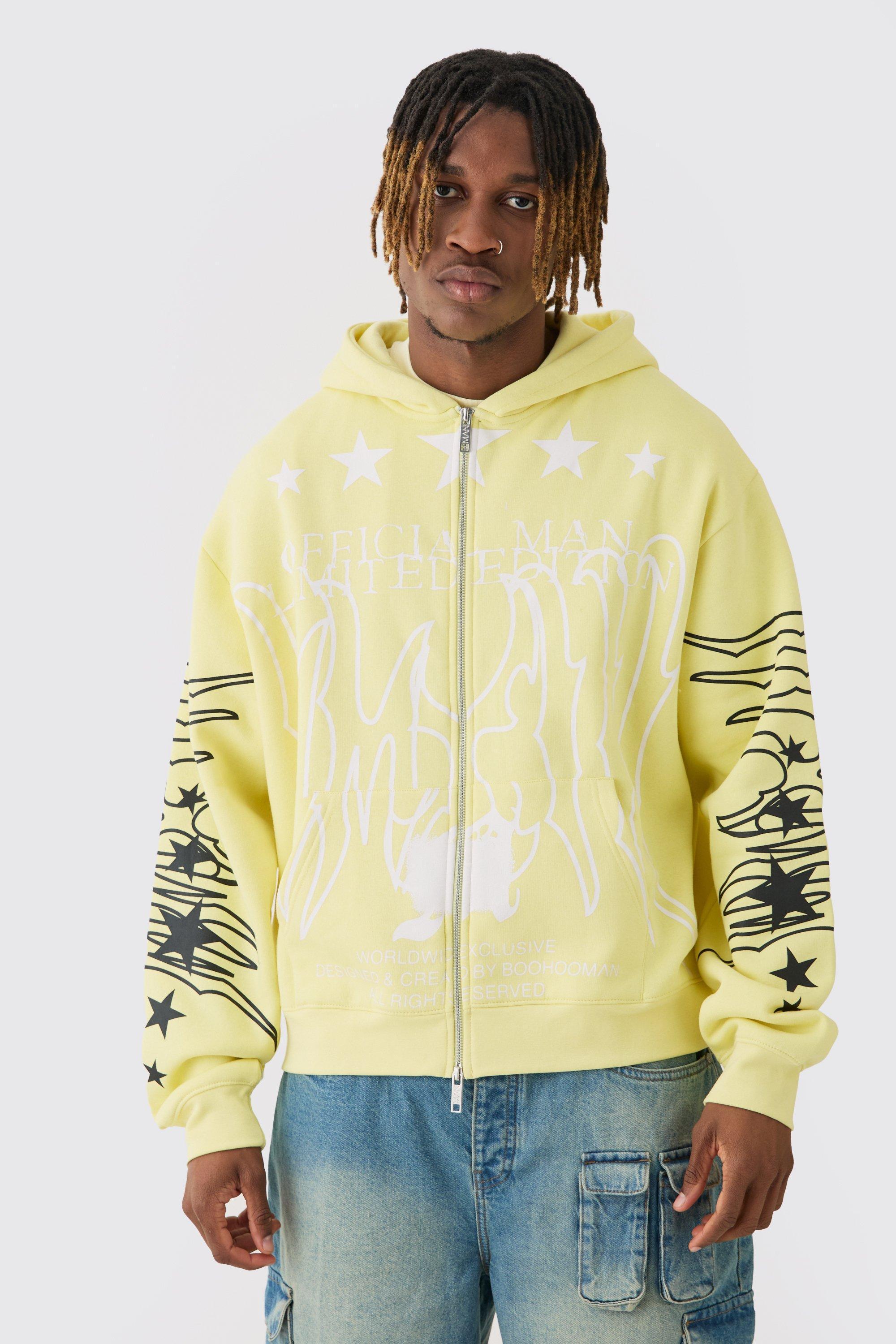 Mens Yellow Tall Oversized Official Man Print Hoodie, Yellow Product Image