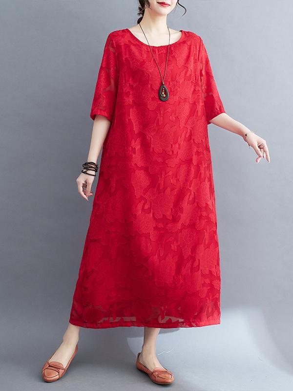 Loose Three-Quarter Sleeves Jacquard See-Through Solid Color Round-Neck Midi Dresses Product Image