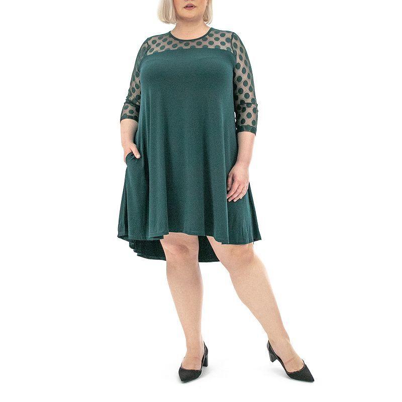 Plus Size Nina Leonard Dot-Mesh Yoke Swing Dress, Womens Rich Green Product Image