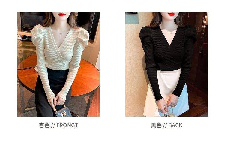 Long-Sleeve V-Neck Plain Ribbed Slim Fit Knit Top Product Image