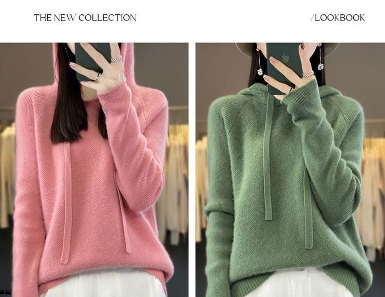 Drawstring Hooded Plain Sweater Product Image