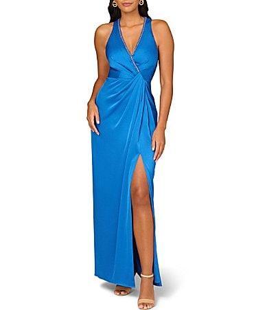 Aidan Mattox Satin V Neckline Sleeveless Draped Gown Product Image