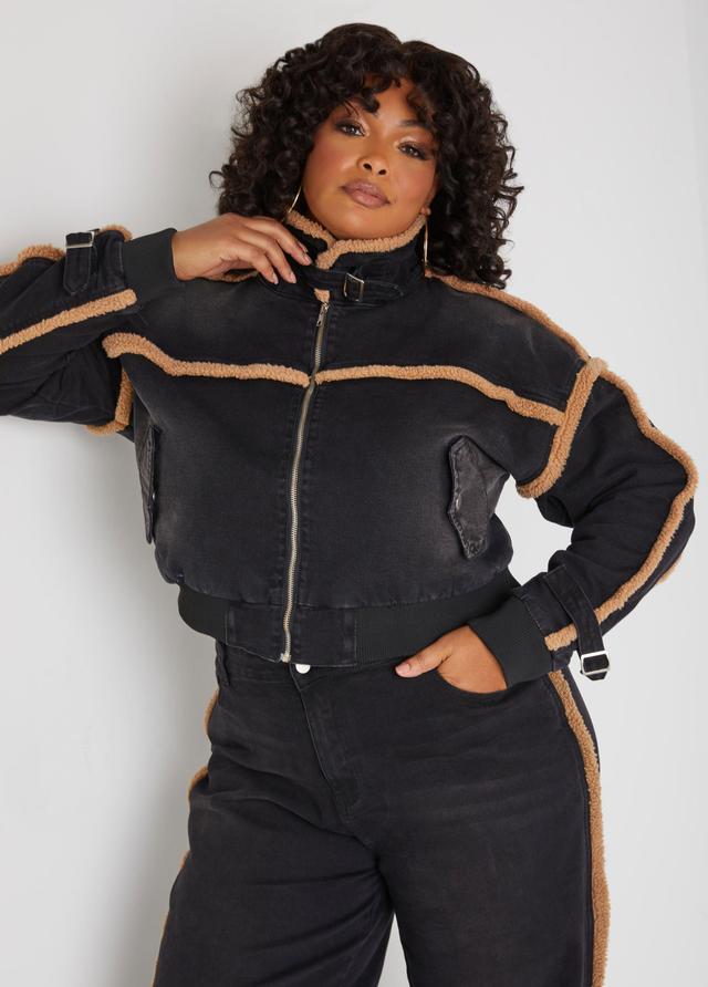 Plus Size Faux Sherpa Trimmed Denim Jacket Ashley Stewart Product Image