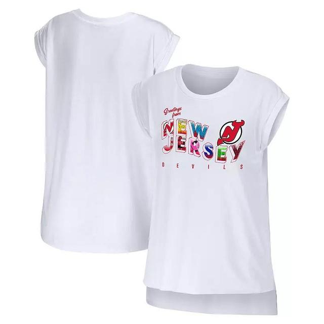 Womens WEAR by Erin Andrews White New Jersey Devils Greetings From Muscle T-Shirt Product Image