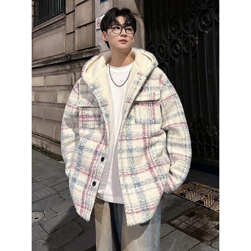 Hooded Drop Shoulder Plaid Button Down Oversized Coat Product Image