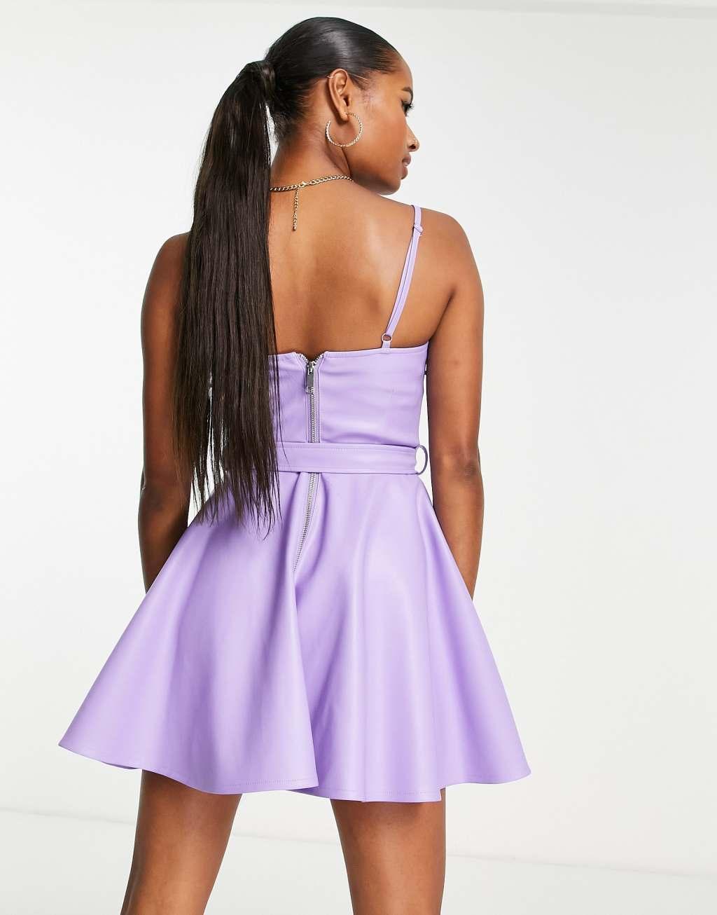 Miss Selfridge Petite faux leather bustier diamante fringe belted mini dress in lilac  Product Image