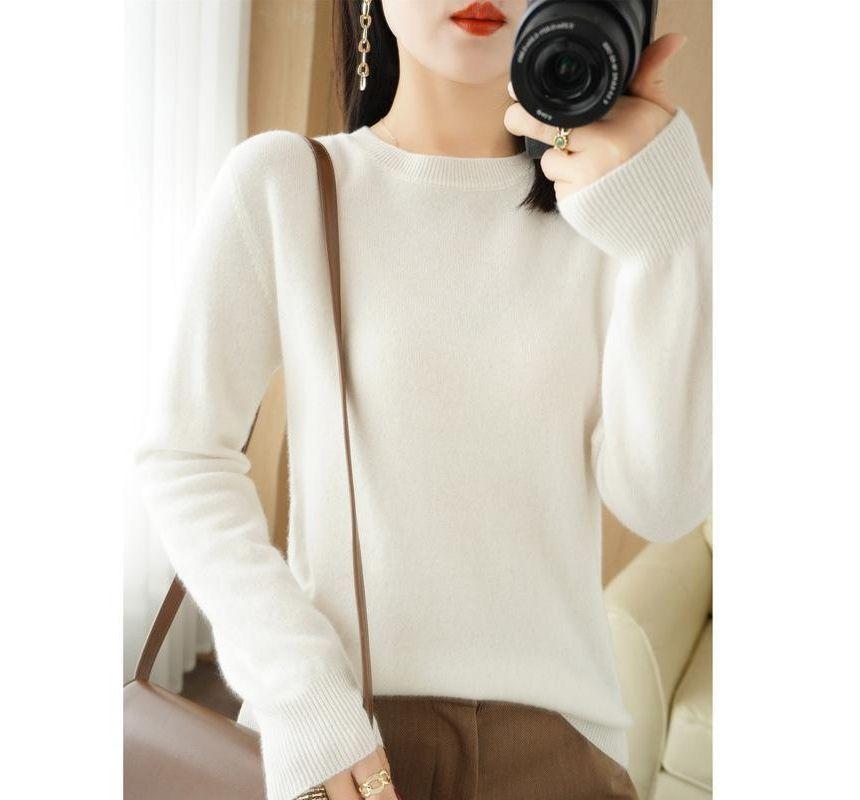 Long-Sleeve Round Neck Plain Knit Top Product Image