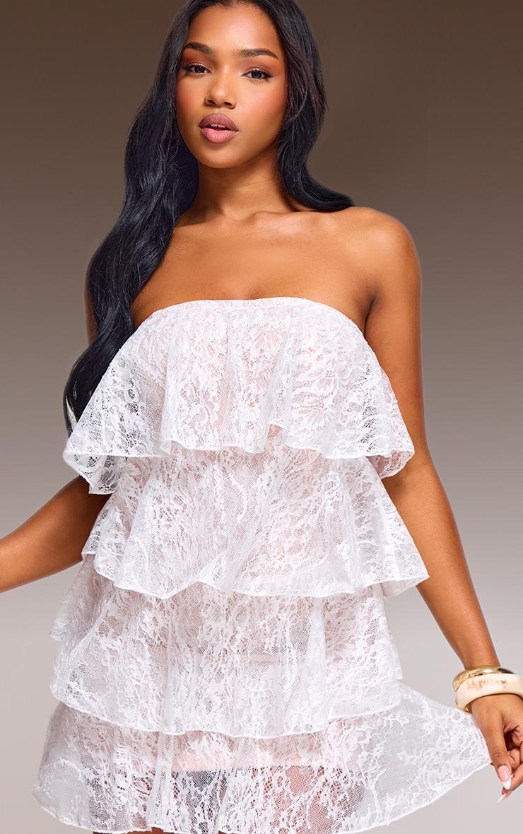 White Lace Tiered Ruffle Bandeau Bodycon Dress product image