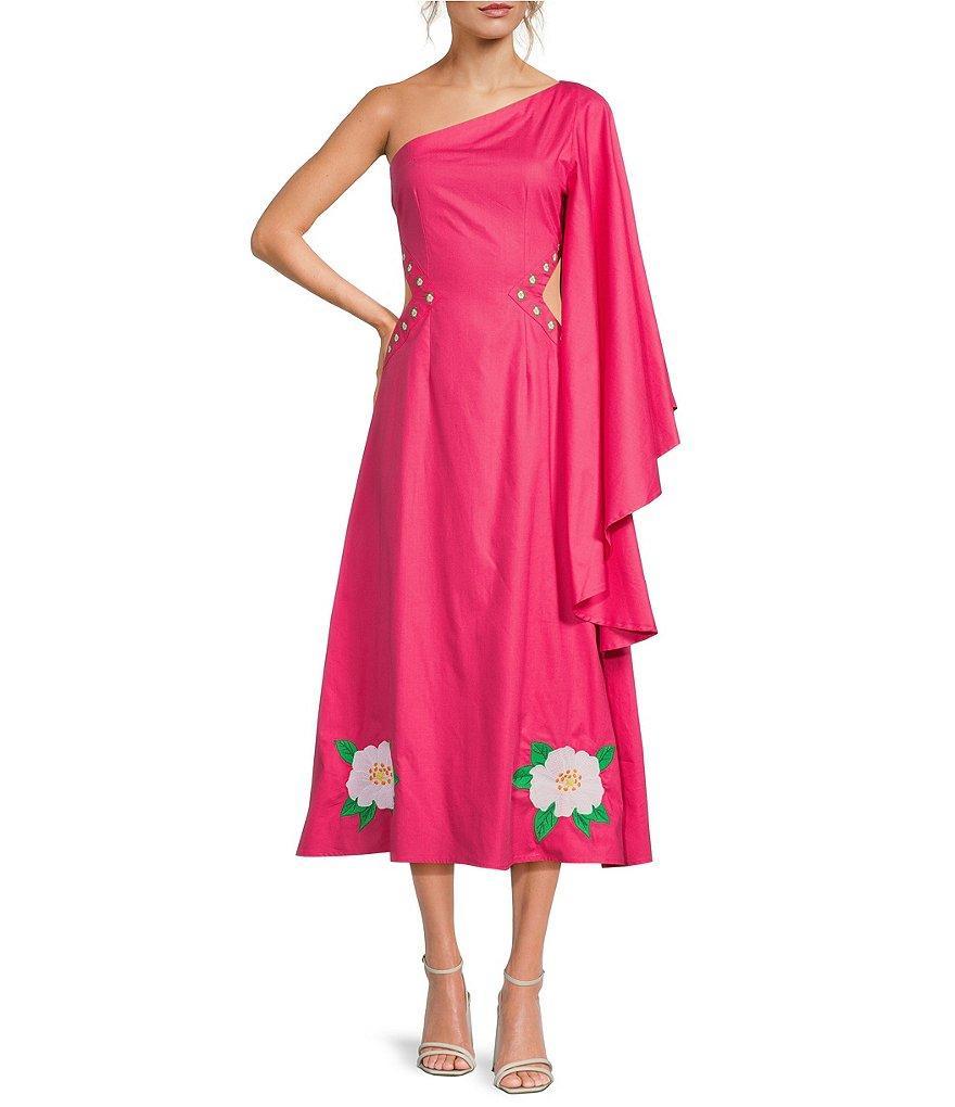 Fanm Mon Amarya One-Shoulder Bell Sleeve Side Cut Out Floral Embroidered Midi Dress Product Image