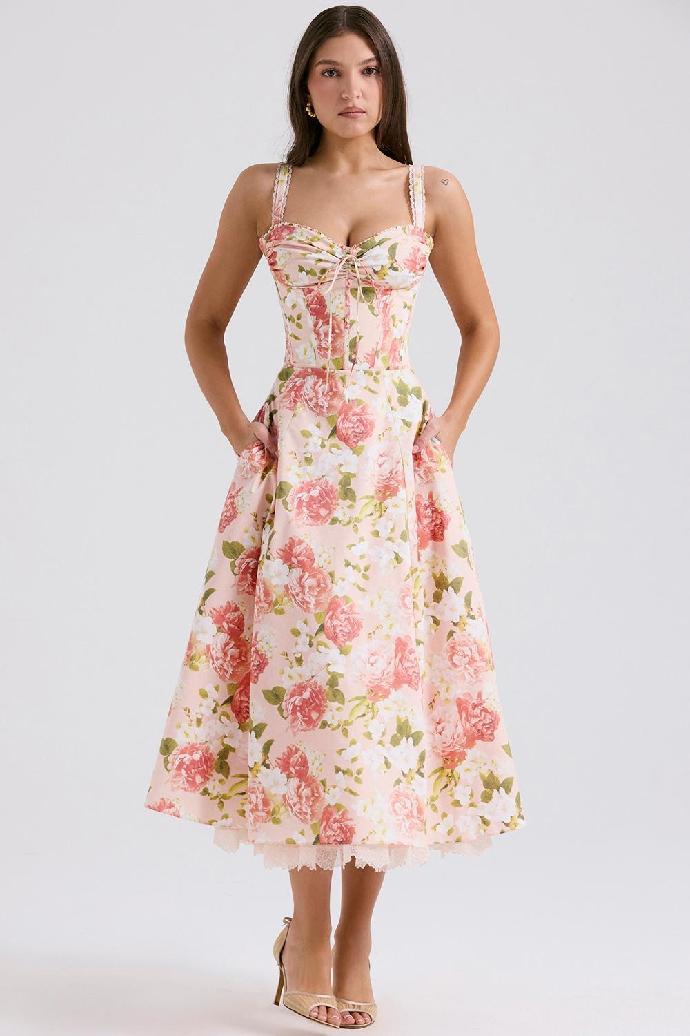 Rosalee Pink Peony Print Cotton Bustier Sundress Product Image