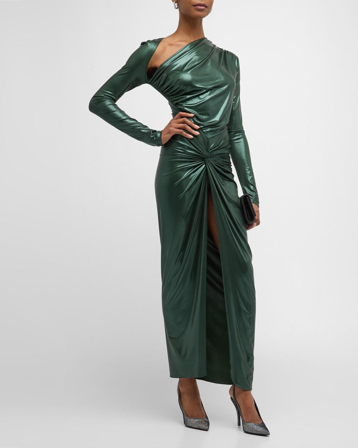 Metallic Coated Jersey Asymmetric Draped Maxi Sarong Dress Product Image