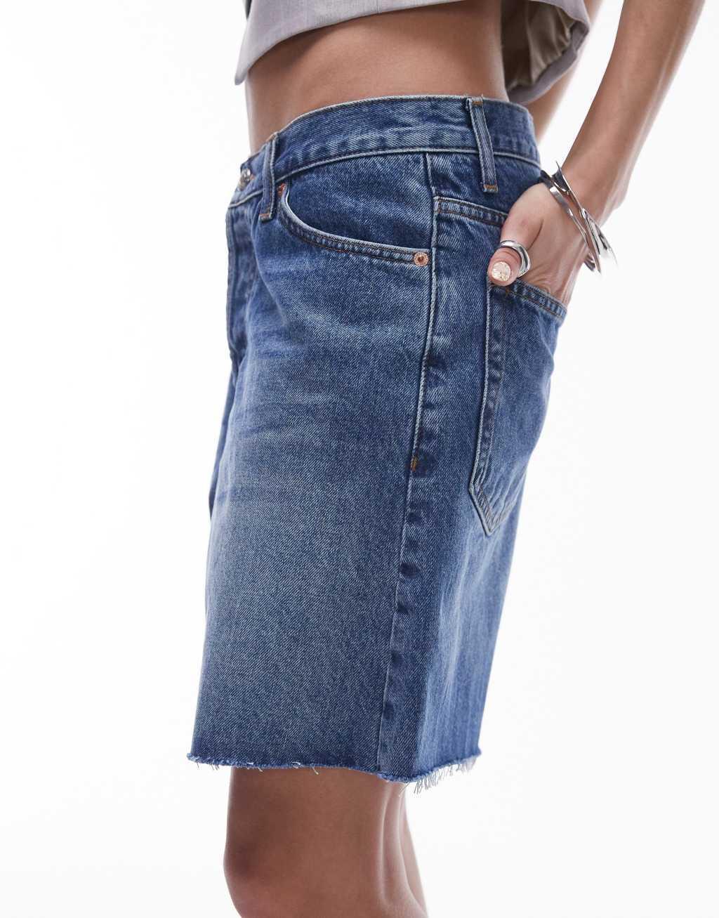 Topshop denim loose jorts in mid blue Product Image