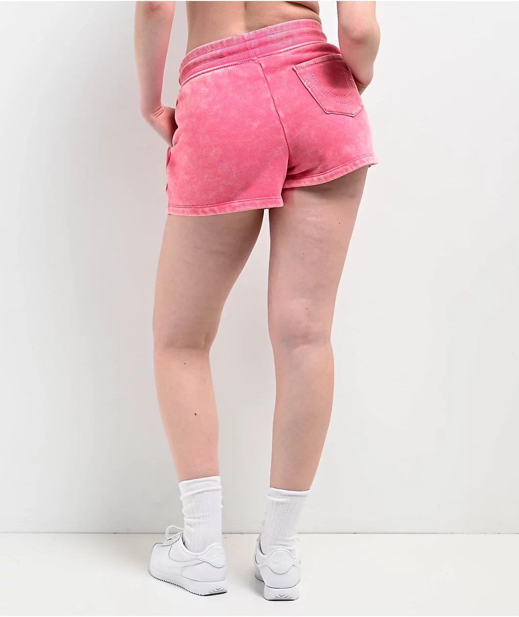 True Religion Acid Wash Big T Hot Pink Sweat Shorts Product Image