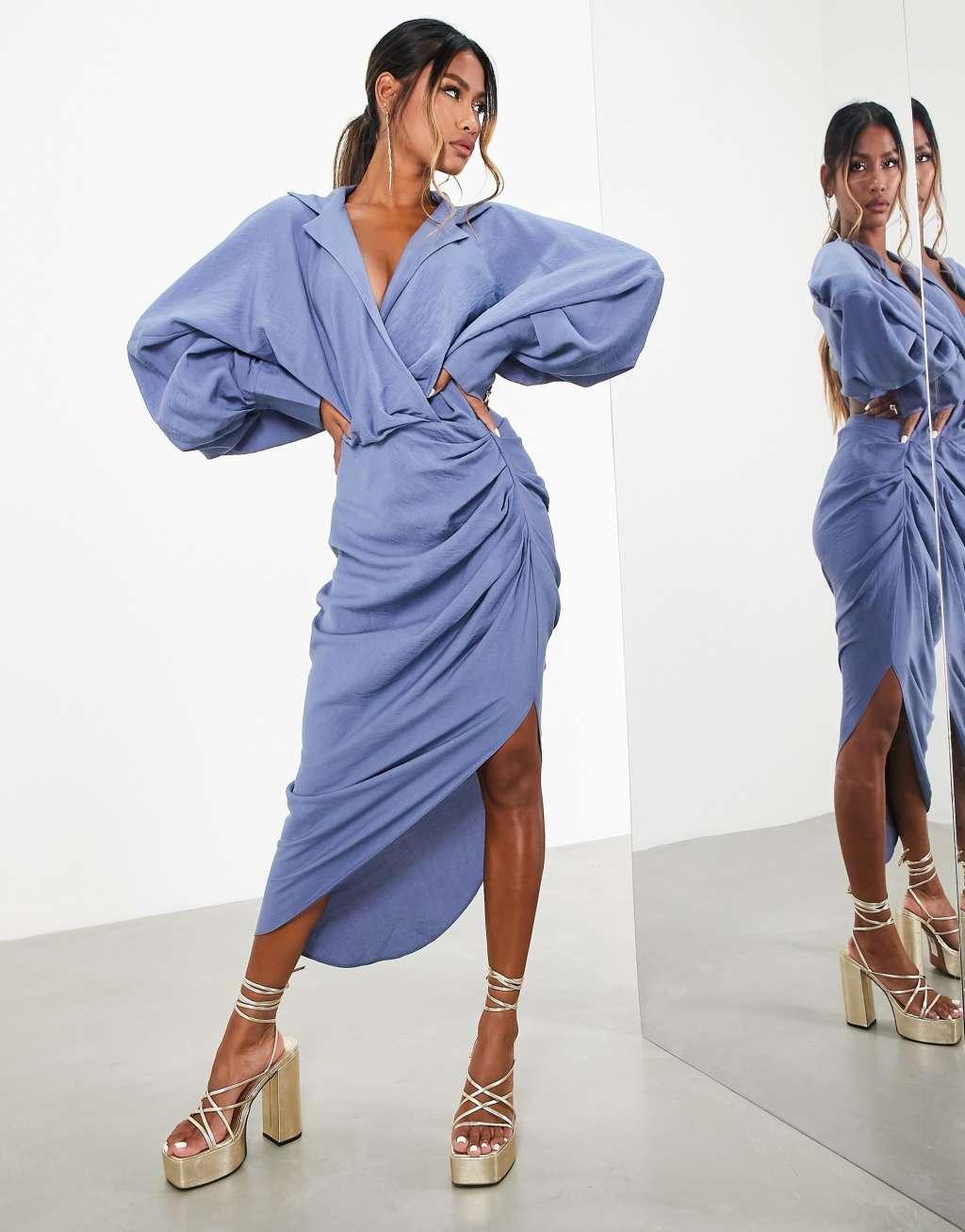 ASOS EDITION textured drape midi shirt dress with tie detail in blue Product Image