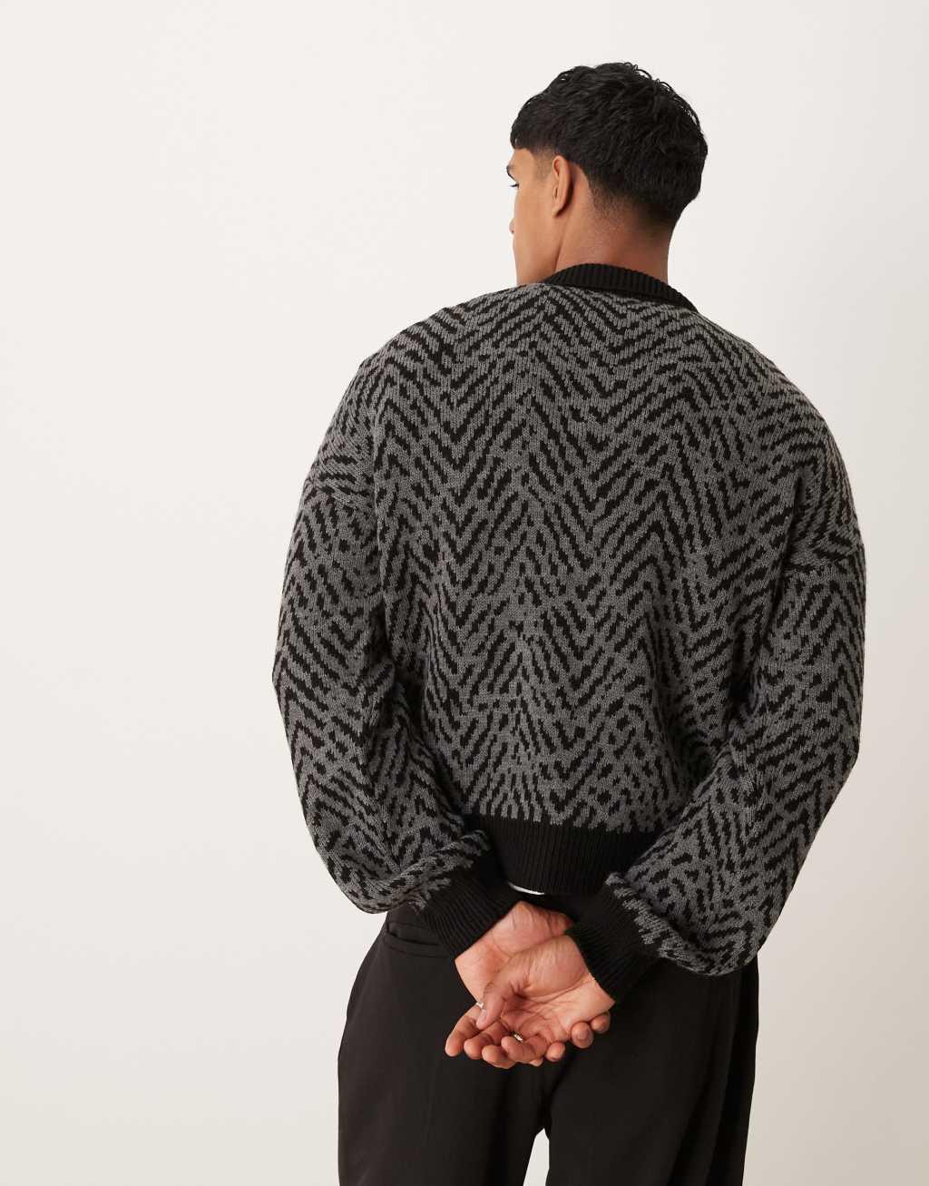 ASOS DESIGN relaxed boxy fit polo neck knit sweater with rib pattern in charcoal gray Product Image