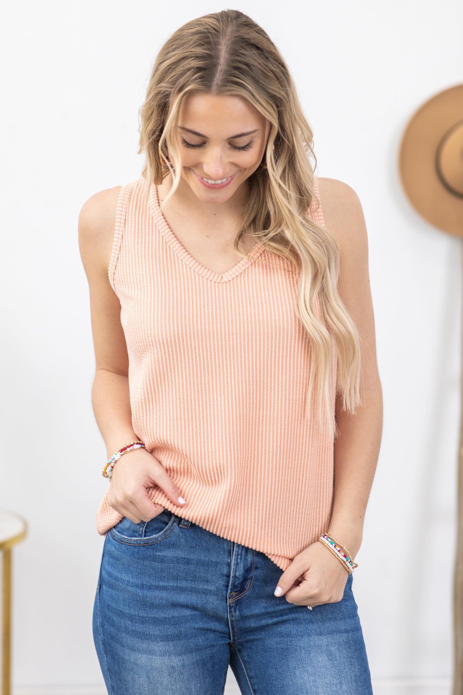 Peach Ribbed V-Neck Tank Top Product Image