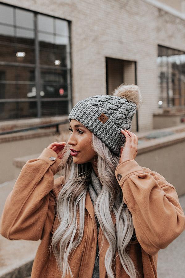 Fall Hike Faux Fur Pom Beanie in Dark Grey Product Image