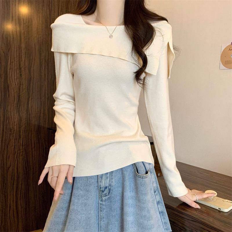 Long-Sleeve Asymmetrical Neck Plain Slim Fit Knit Top Product Image