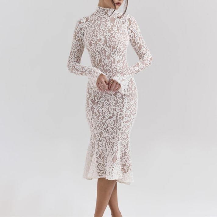 Long Sleeve Mock Neck Lace Overlay Midi Mermaid Dress Product Image