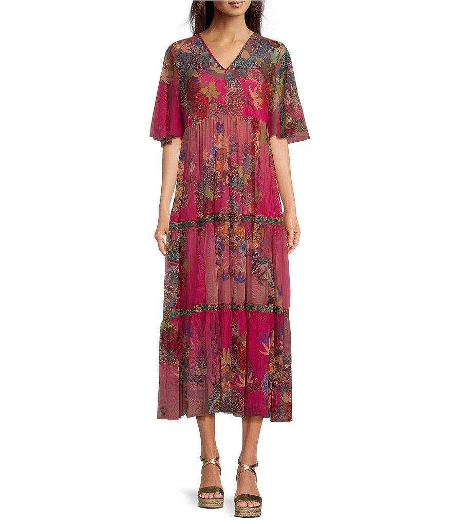 JOHNNY WAS Mazzy Floral Print Mesh V-Neck Short Flutter Sleeve Tiered Midi Dress Product Image