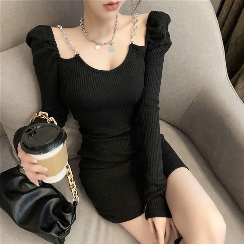 Long-Sleeve V-Neck Plain Chain Strap Ribbed Knit Mini Bodycon Dress Product Image