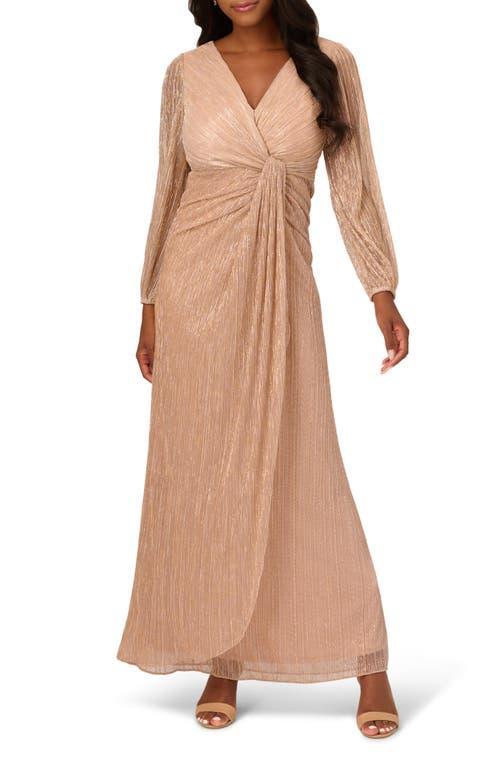 Adrianna Papell Metallic Long Sleeve Surplice V-Neck Ruched Detailed Draped Gown Product Image