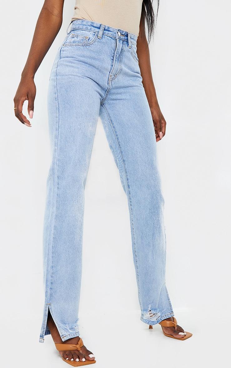 Tall Light Blue Wash Ripped Detail Split Hem Straight Leg Jeans Product Image